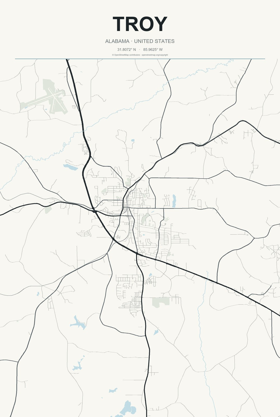 Troy, Alabama City Map Aluminum Sign in Headline Atlas style