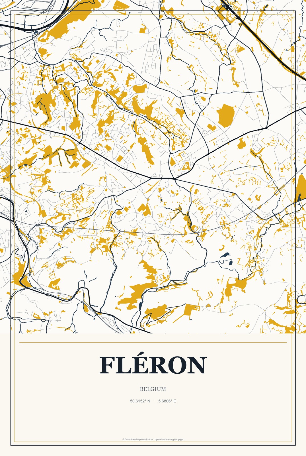 Fléron, Belgium City Map Aluminum Sign in Citrine Modern style