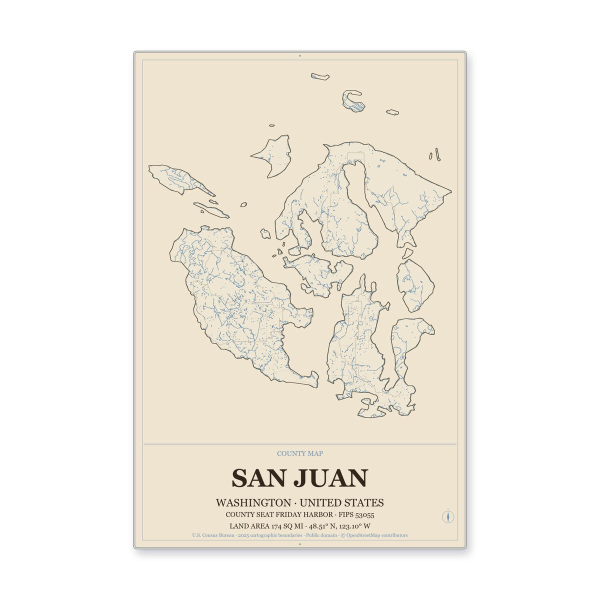 San Juan County, Washington Map Aluminum Sign in Heritage Nautical style