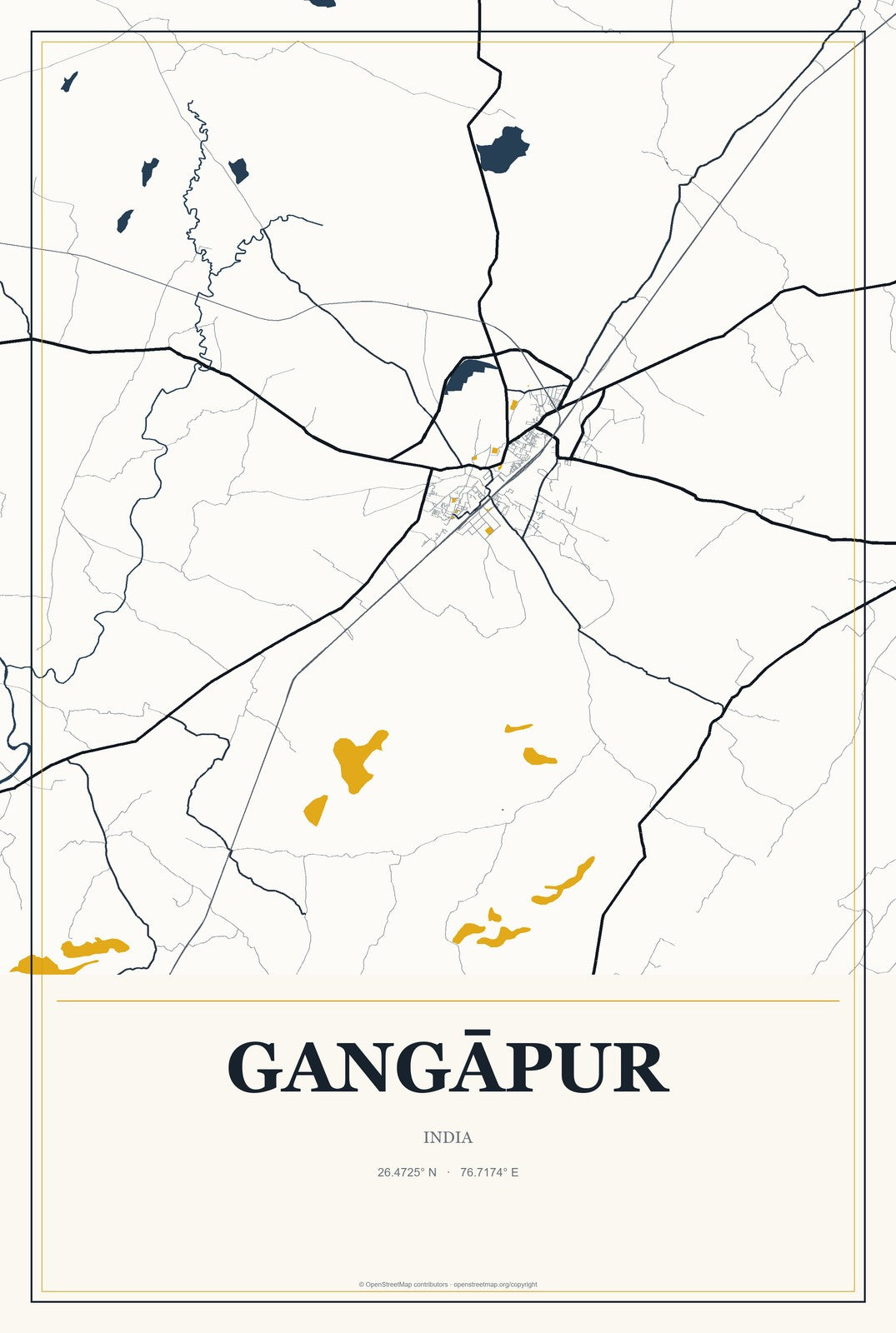 Gangāpur, Rajasthan, India City Map Aluminum Sign in Citrine Modern style