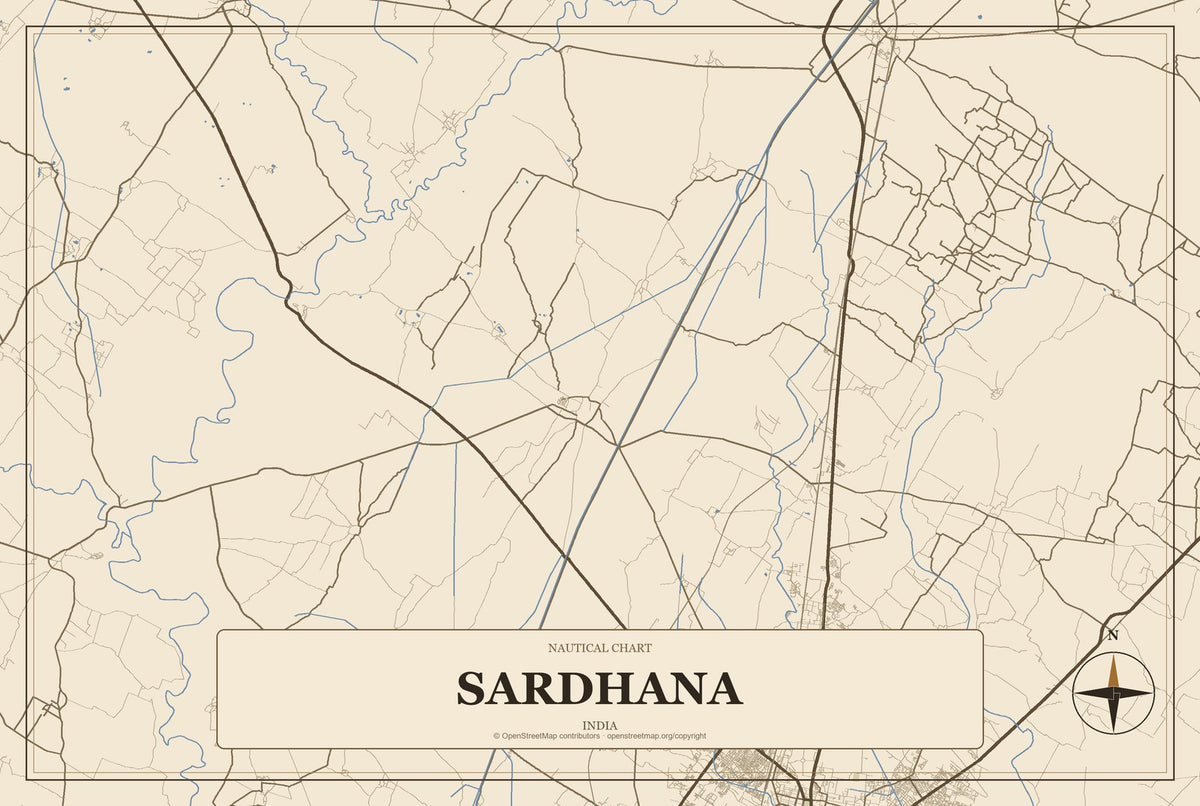 Sardhana, India City Map Aluminum Sign in Heritage Nautical style