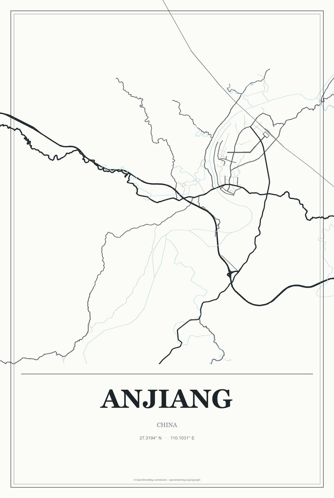 Anjiang, China City Map Aluminum Sign in Gallery Air style