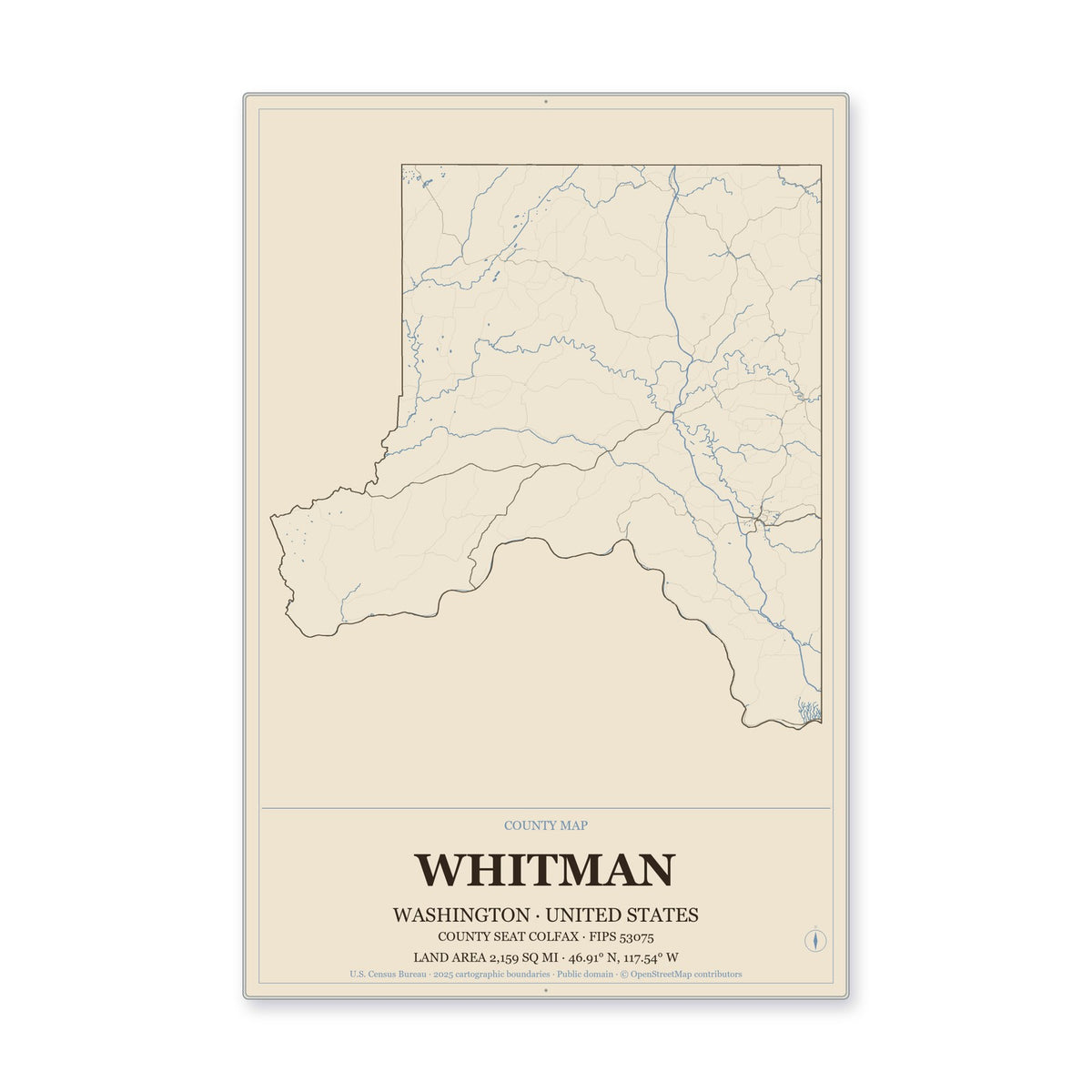 Whitman County, Washington Map Aluminum Sign in Heritage Nautical style
