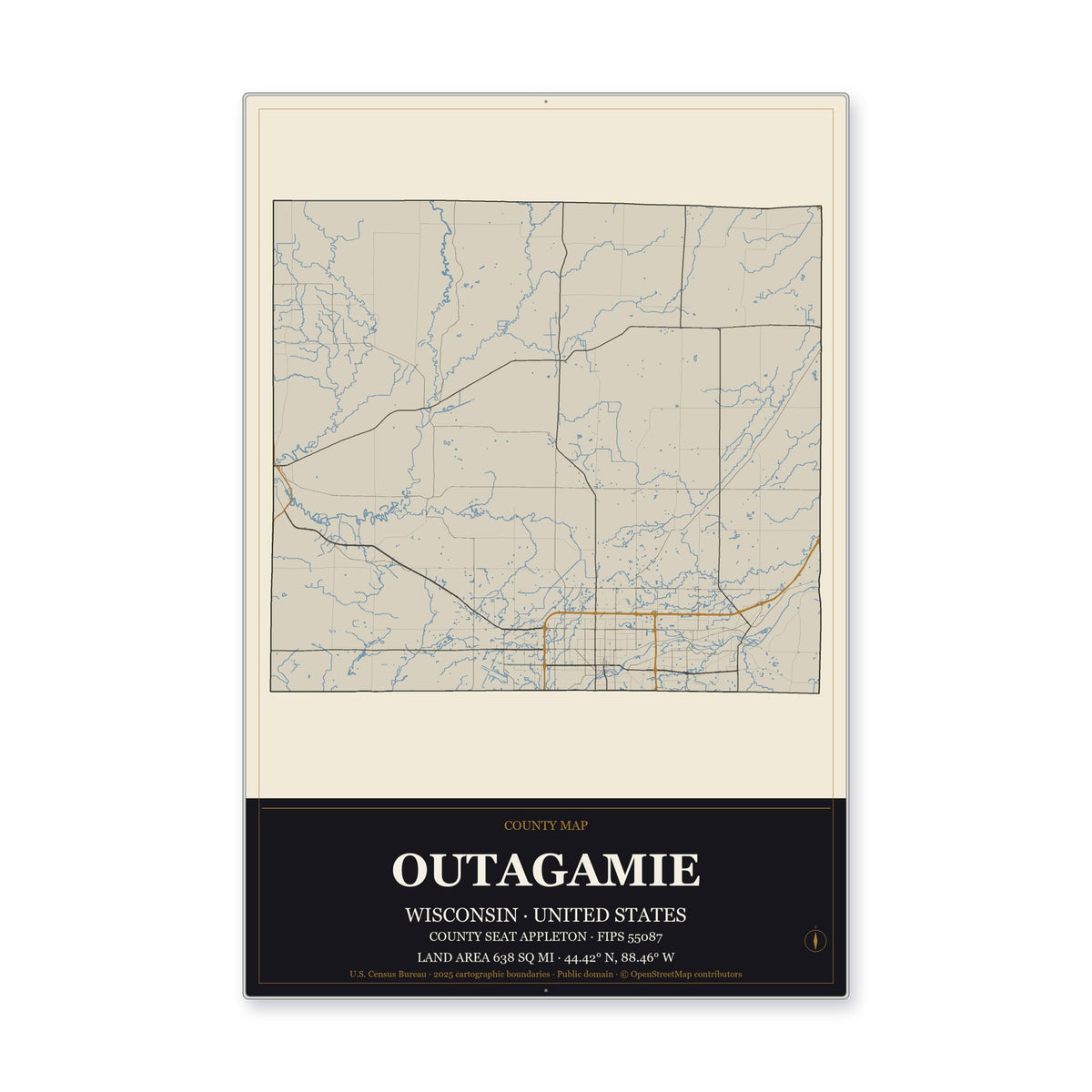 Outagamie County, Wisconsin Map Aluminum Sign in Museum Plaque style