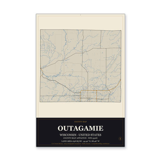 Outagamie County, Wisconsin Map Aluminum Sign in Museum Plaque style