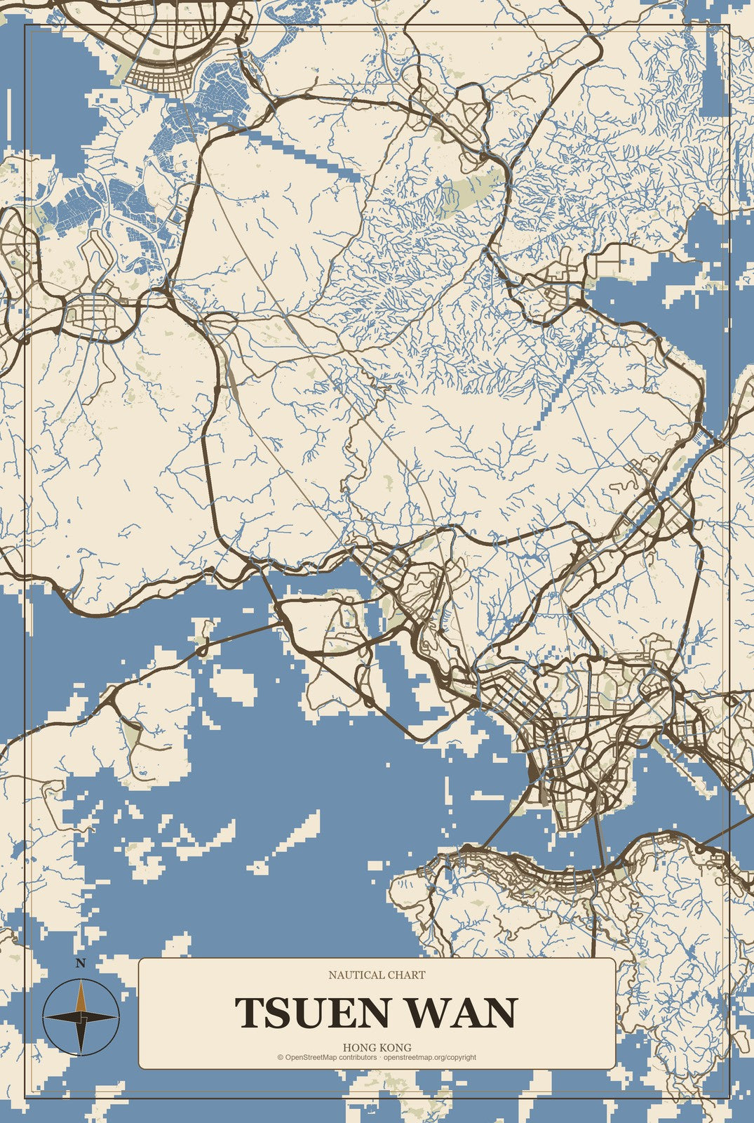 Tsuen Wan, Hong Kong City Map Aluminum Sign in Heritage Nautical style