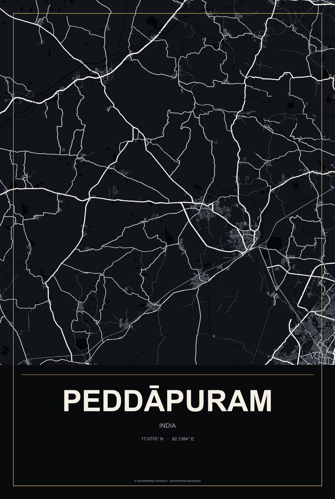 Peddāpuram, India City Map Aluminum Sign in Metropolitan Noir style