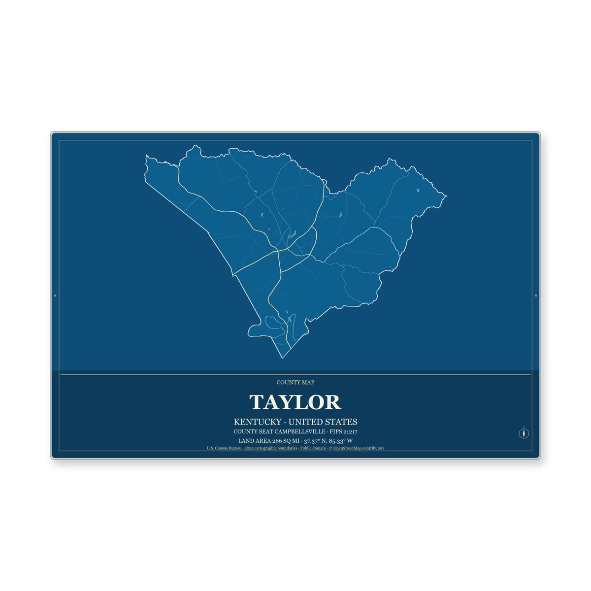 Taylor County, Kentucky Map Aluminum Sign in Harbor Cobalt style