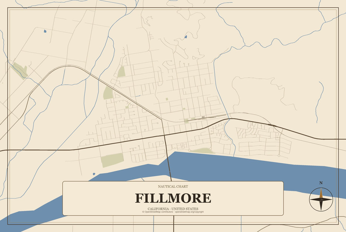 Fillmore, California City Map Aluminum Sign in Heritage Nautical style
