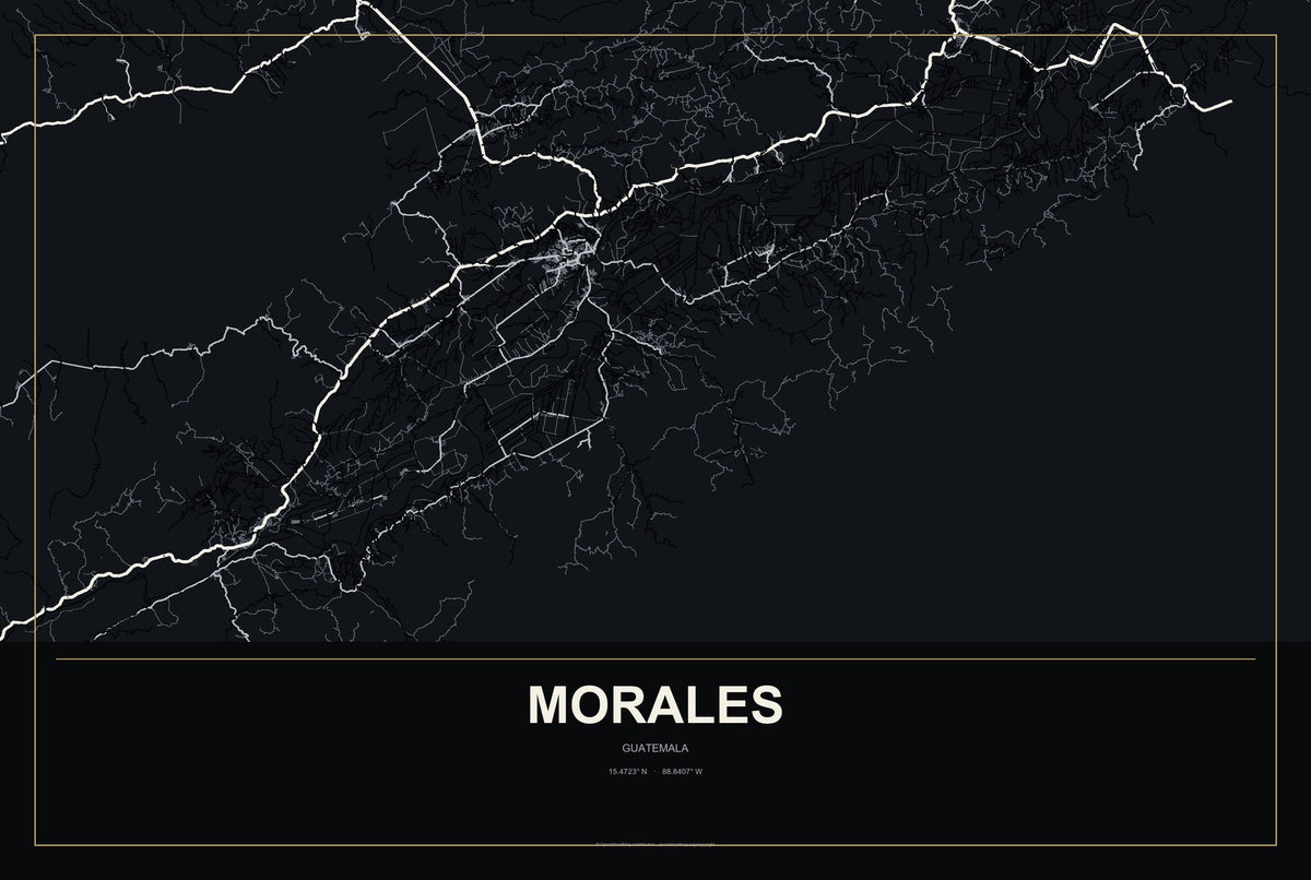 Morales, Guatemala City Map Aluminum Sign in Metropolitan Noir style