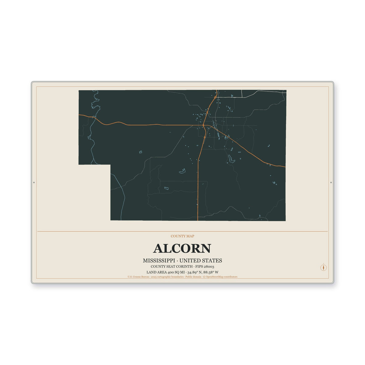 Alcorn County, Mississippi Map Aluminum Sign in Headline Atlas style