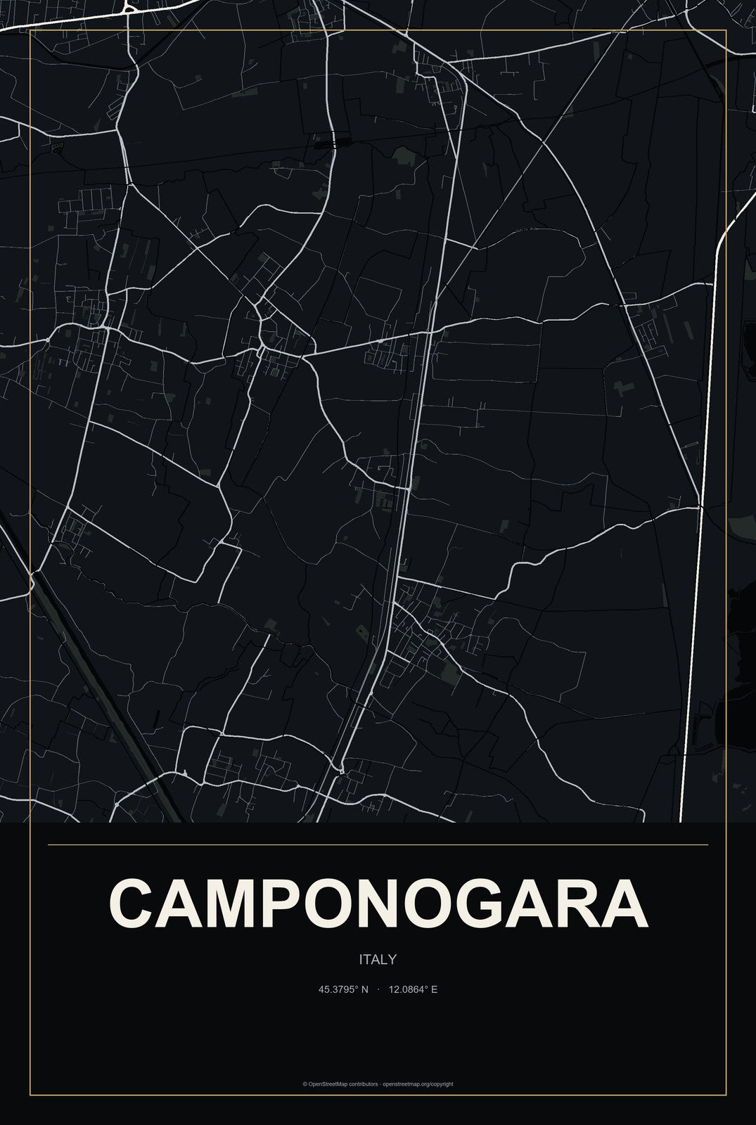 Camponogara, Italy City Map Aluminum Sign in Metropolitan Noir style