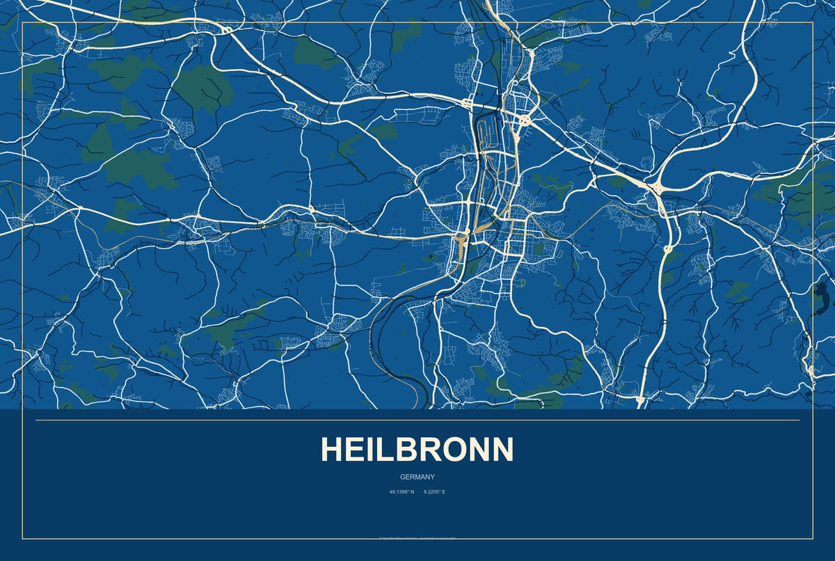 Heilbronn, Germany City Map Aluminum Sign in Harbor Cobalt style
