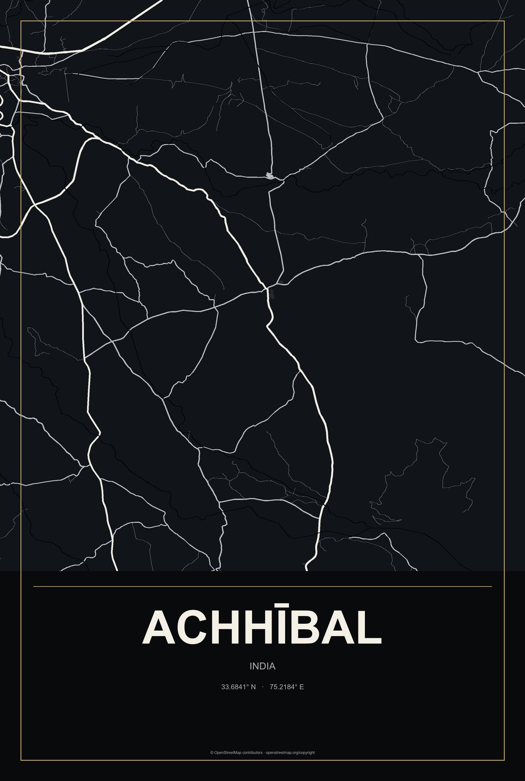 Achhībal, India City Map Aluminum Sign in Metropolitan Noir style