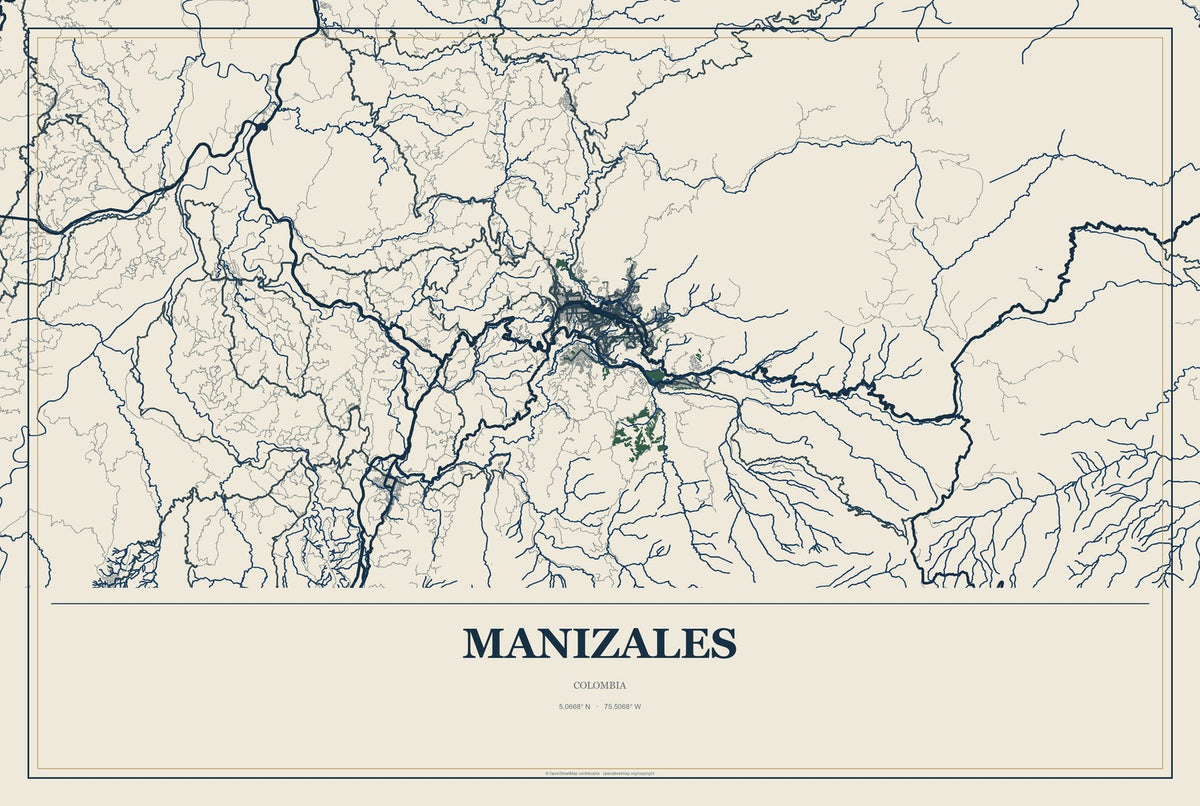 Manizales, Colombia City Map Aluminum Sign in Coastal Cutout style