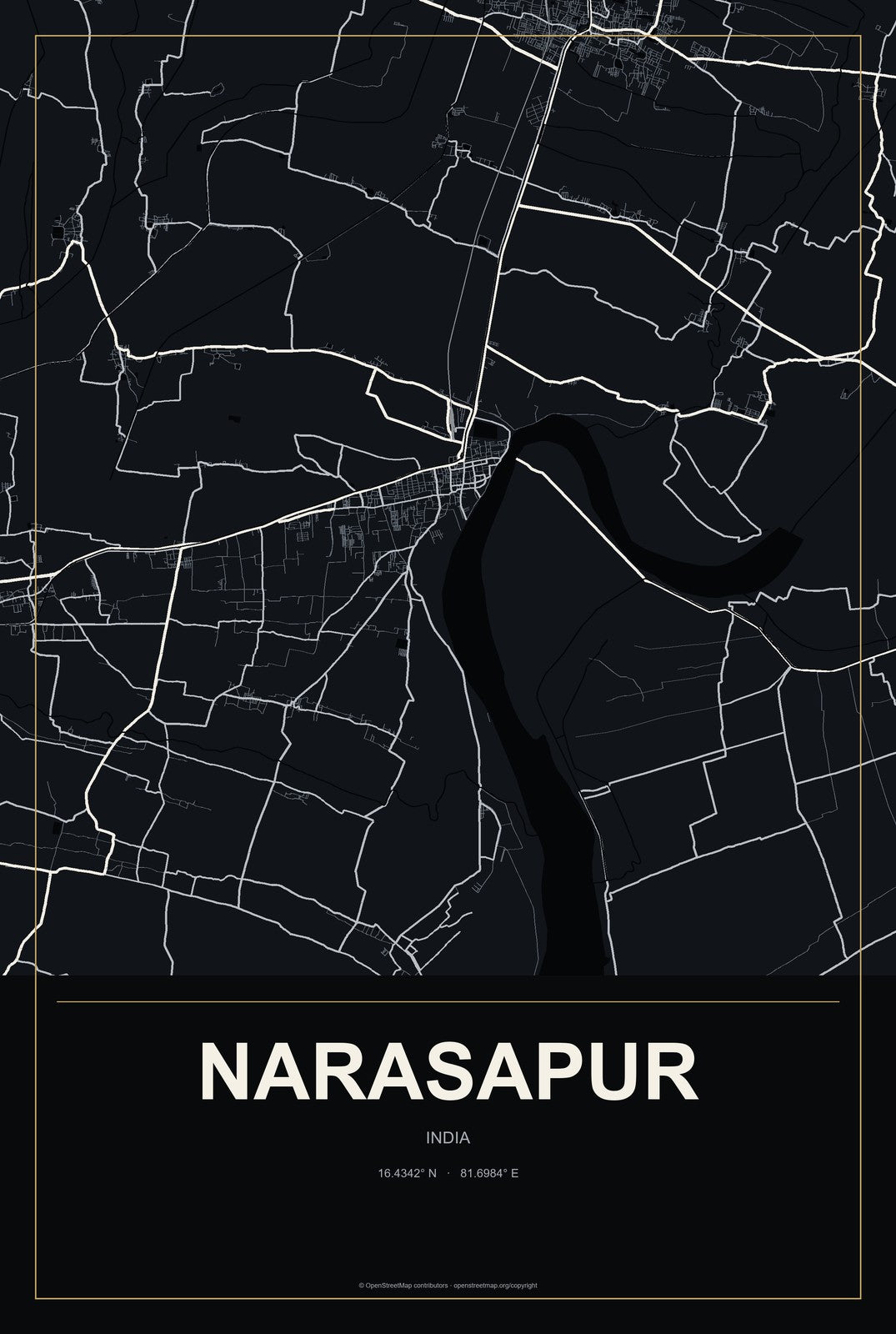 Narasapur, India City Map Aluminum Sign in Metropolitan Noir style