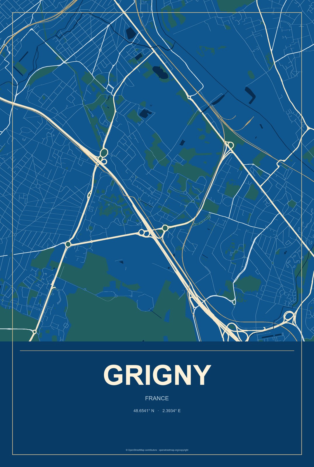 Grigny, France City Map Aluminum Sign in Harbor Cobalt style