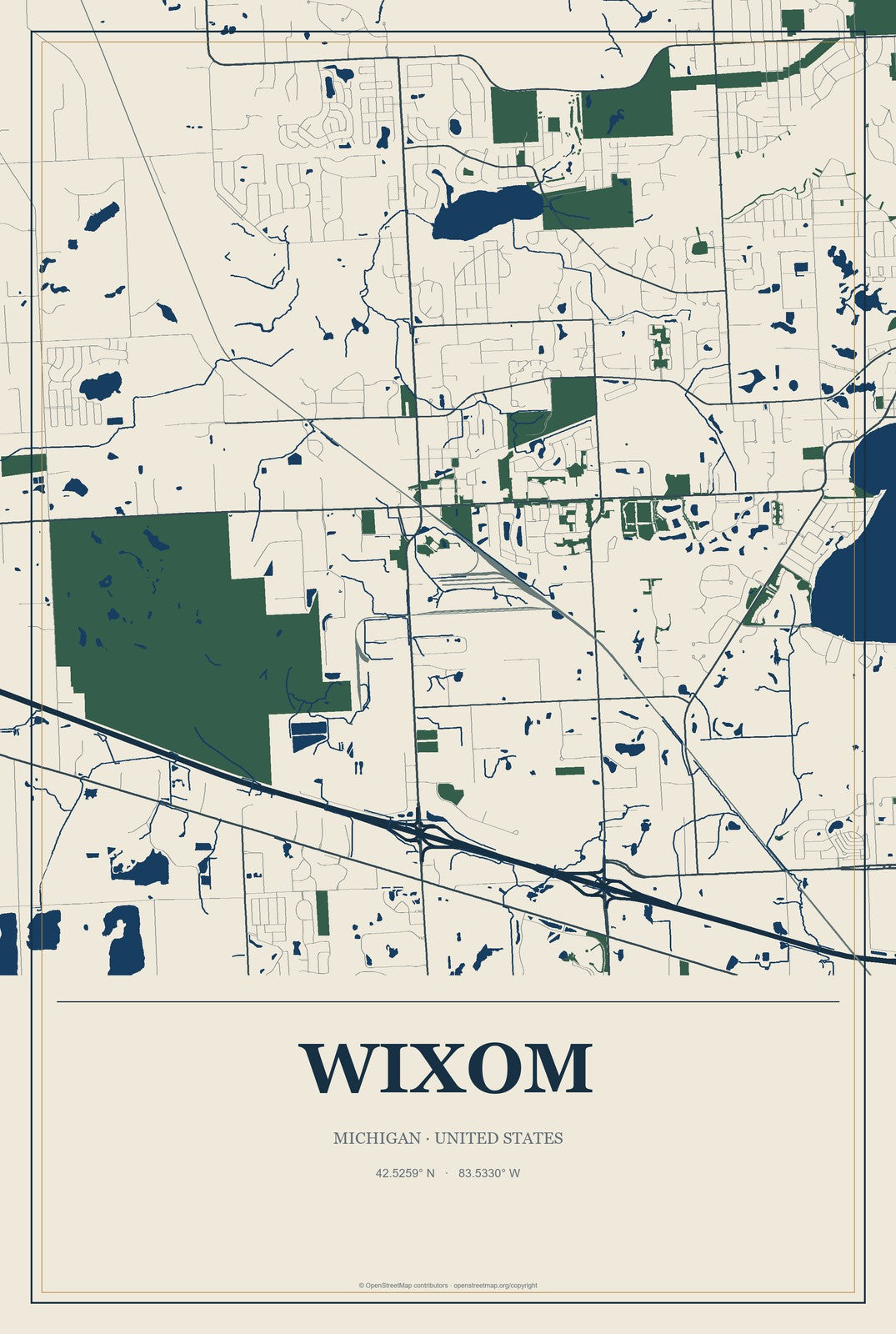 Wixom, Michigan City Map Aluminum Sign in Coastal Cutout style