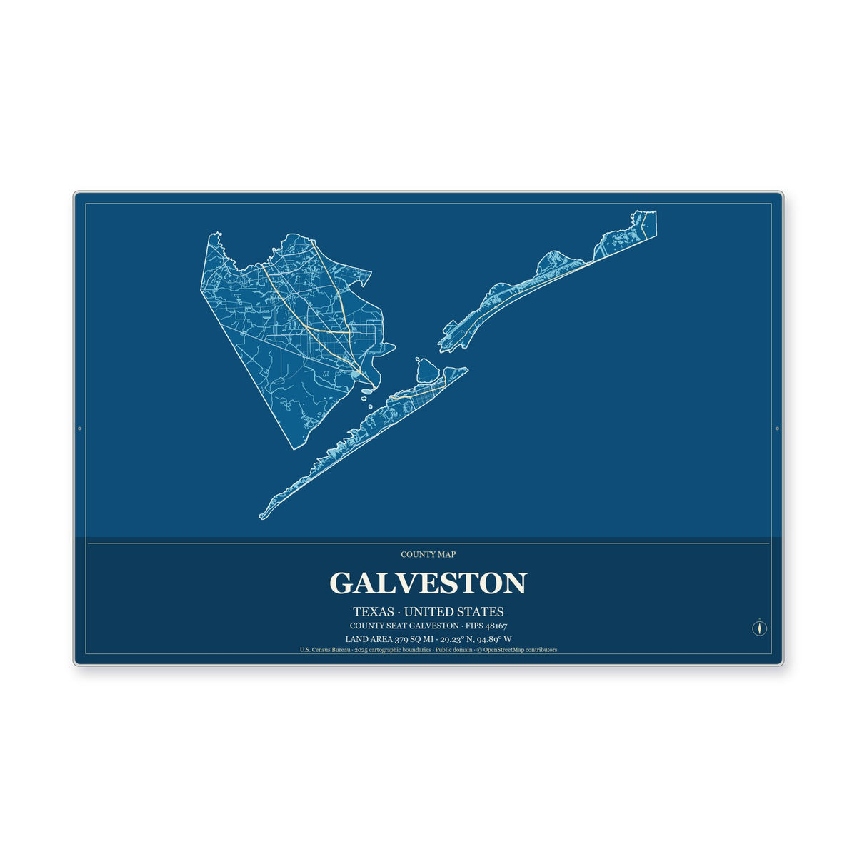 Galveston County, Texas Map Aluminum Sign in Harbor Cobalt style