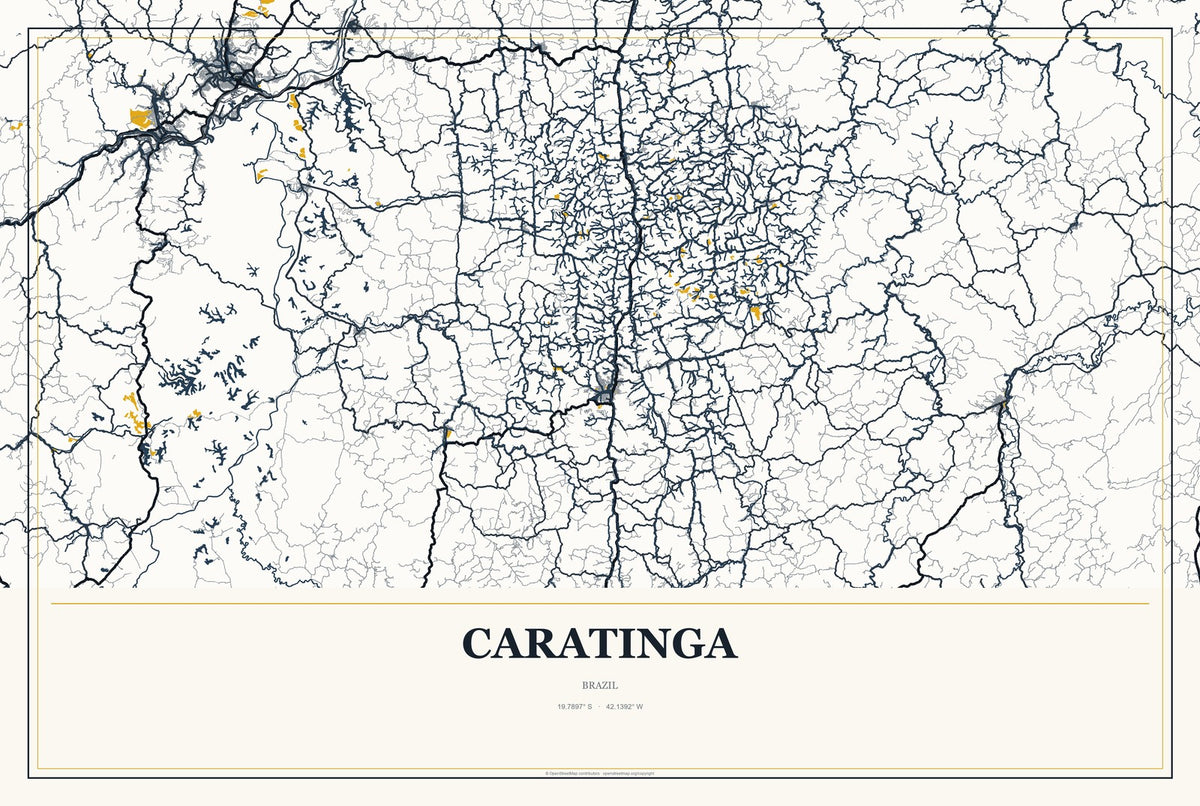 Caratinga, Brazil City Map Aluminum Sign in Citrine Modern style