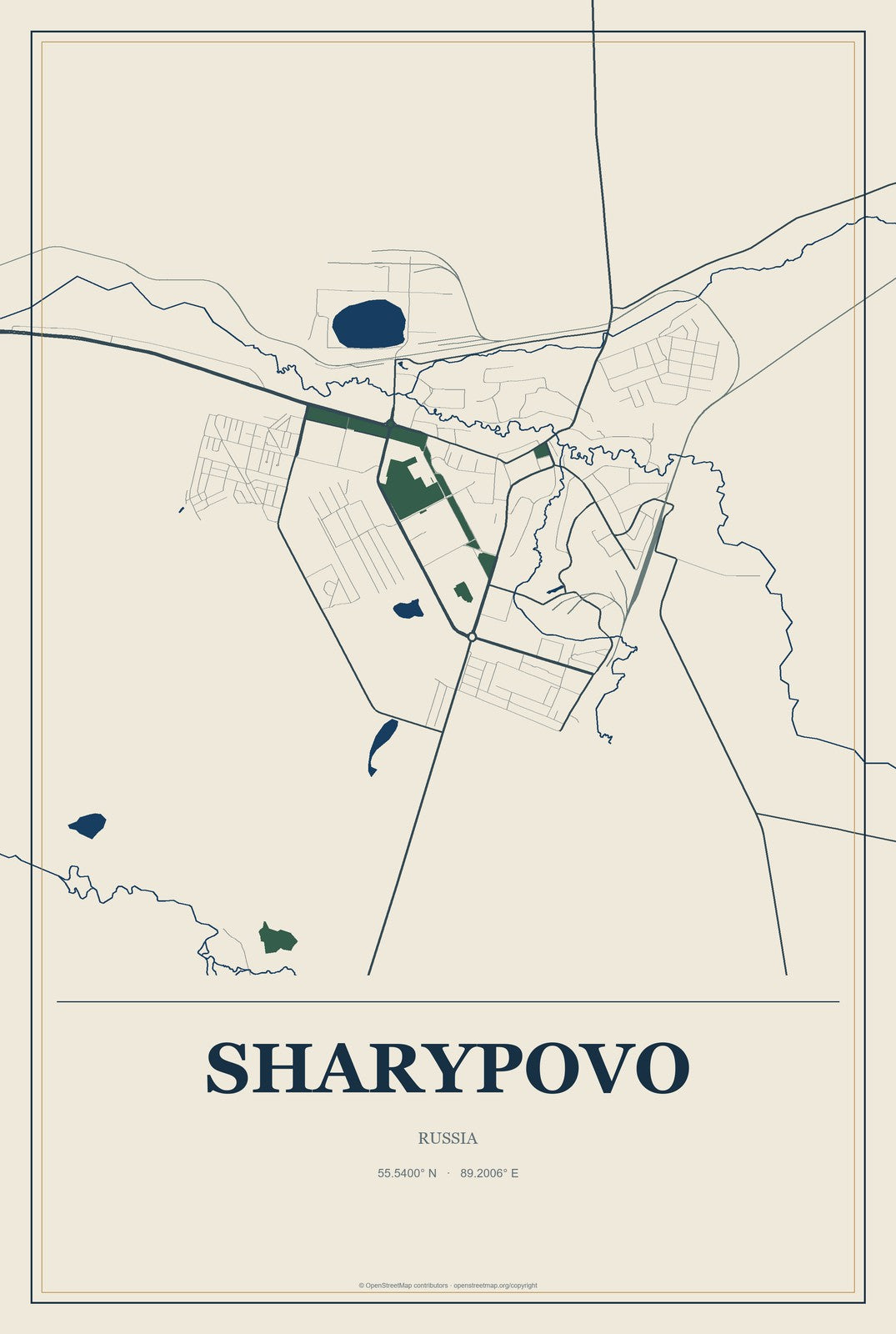 Sharypovo, Russia City Map Aluminum Sign in Coastal Cutout style