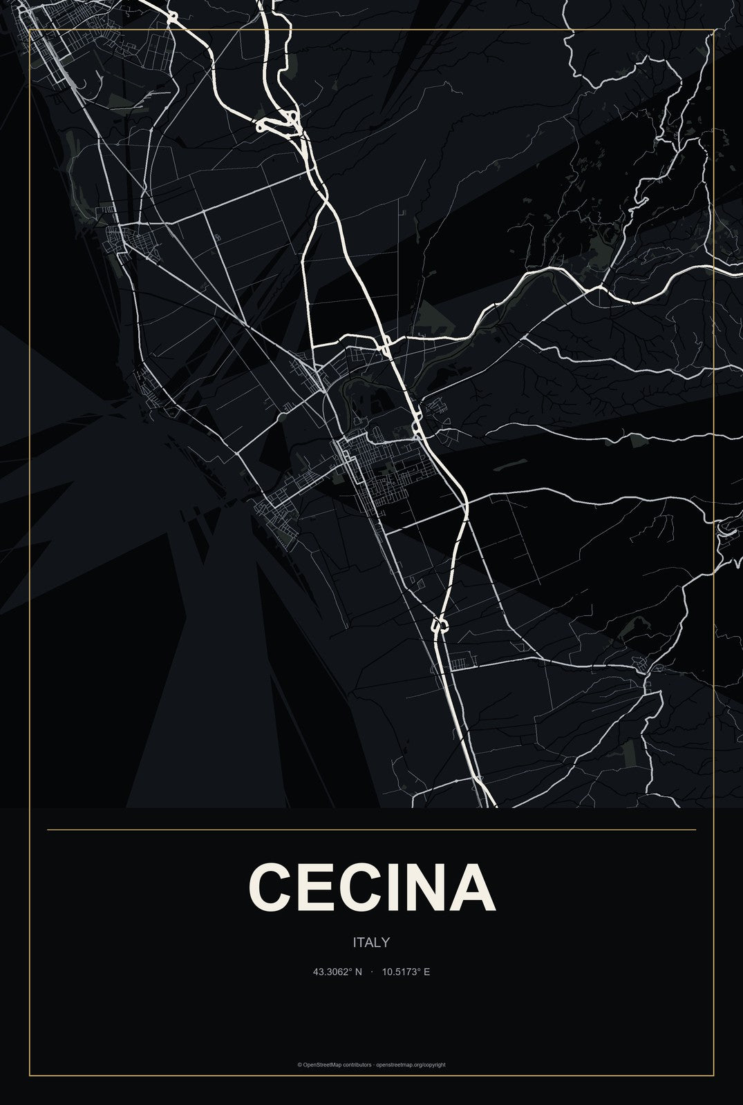 Cecina, Italy City Map Aluminum Sign in Metropolitan Noir style