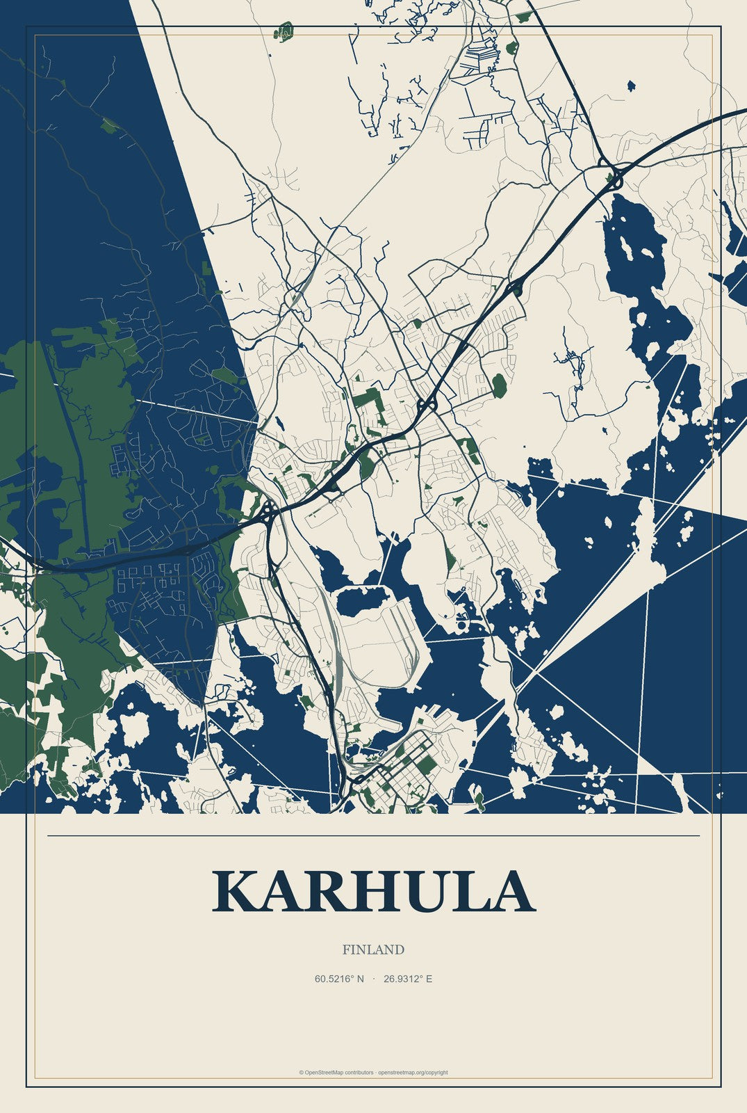 Karhula, Finland City Map Aluminum Sign in Coastal Cutout style