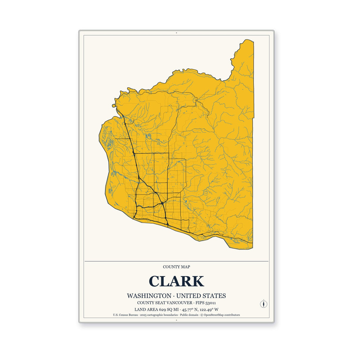 Clark County, Washington Map Aluminum Sign in Citrine Modern style