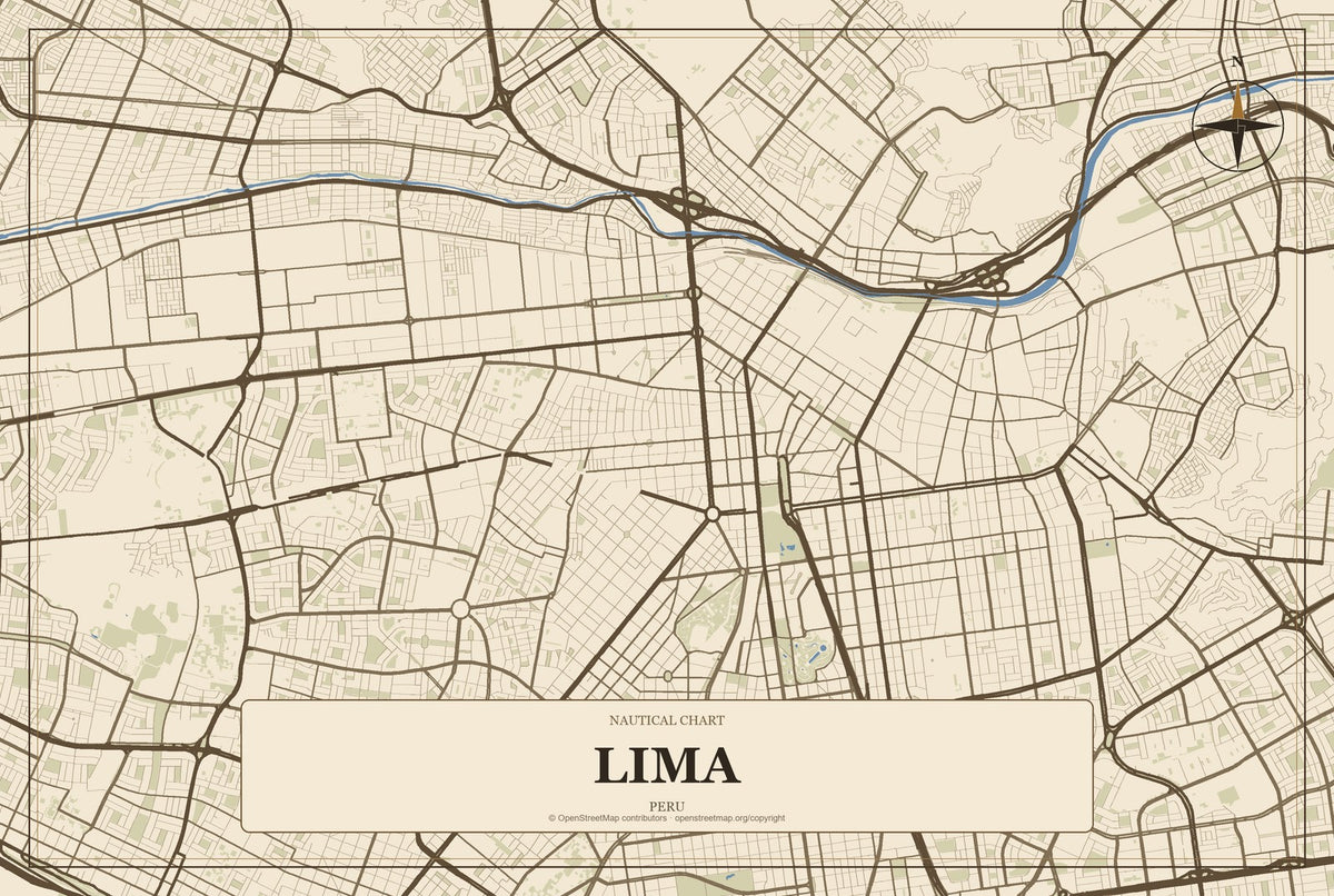 Lima, Peru City Map Aluminum Sign in Heritage Nautical style