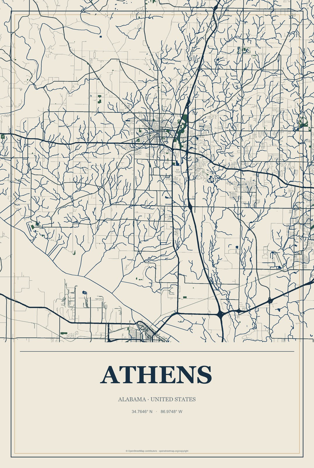 Athens, Alabama City Map Aluminum Sign in Coastal Cutout style