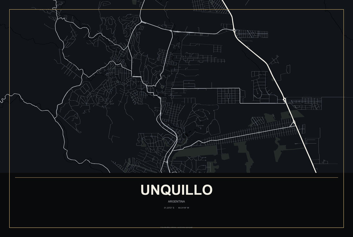 Unquillo, Argentina City Map Aluminum Sign in Metropolitan Noir style