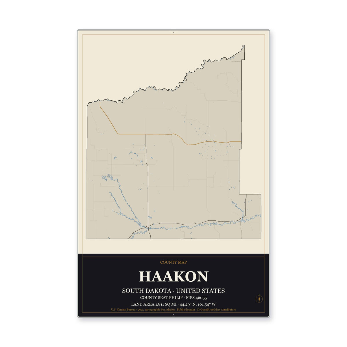 Haakon County, South Dakota Map Aluminum Sign in Museum Plaque style