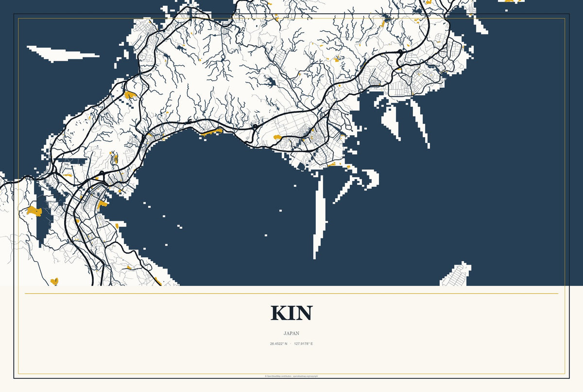 Kin, Japan City Map Aluminum Sign in Citrine Modern style