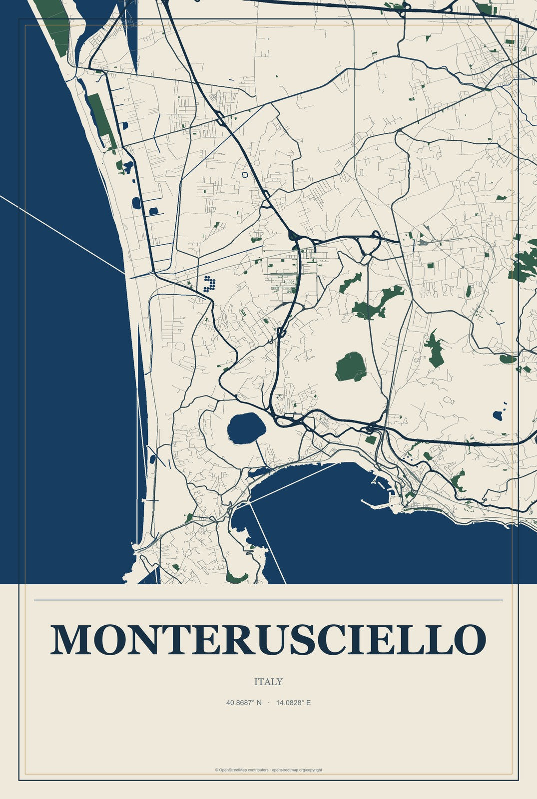 Monterusciello, Italy City Map Aluminum Sign in Coastal Cutout style