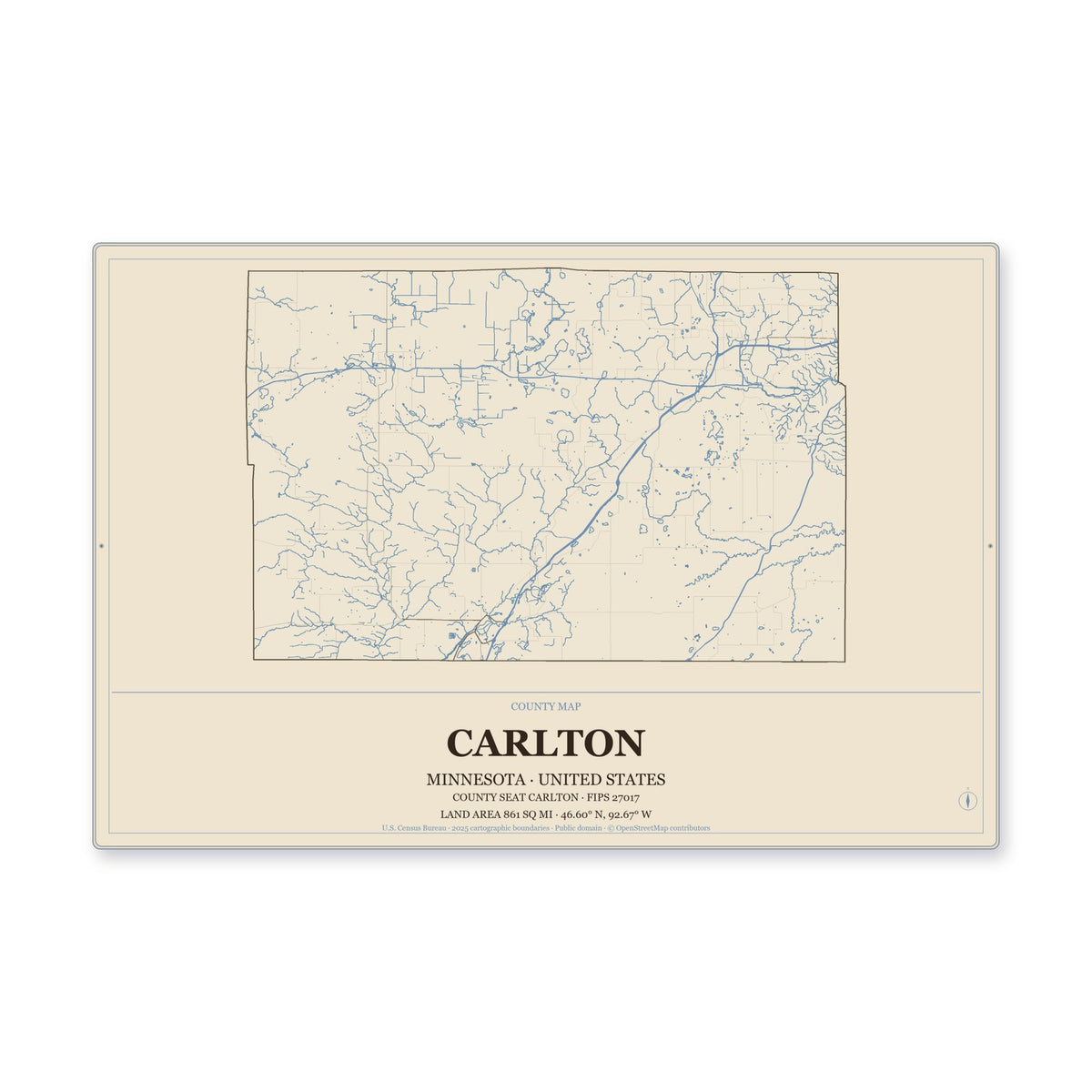 Carlton County, Minnesota Map Aluminum Sign in Heritage Nautical style