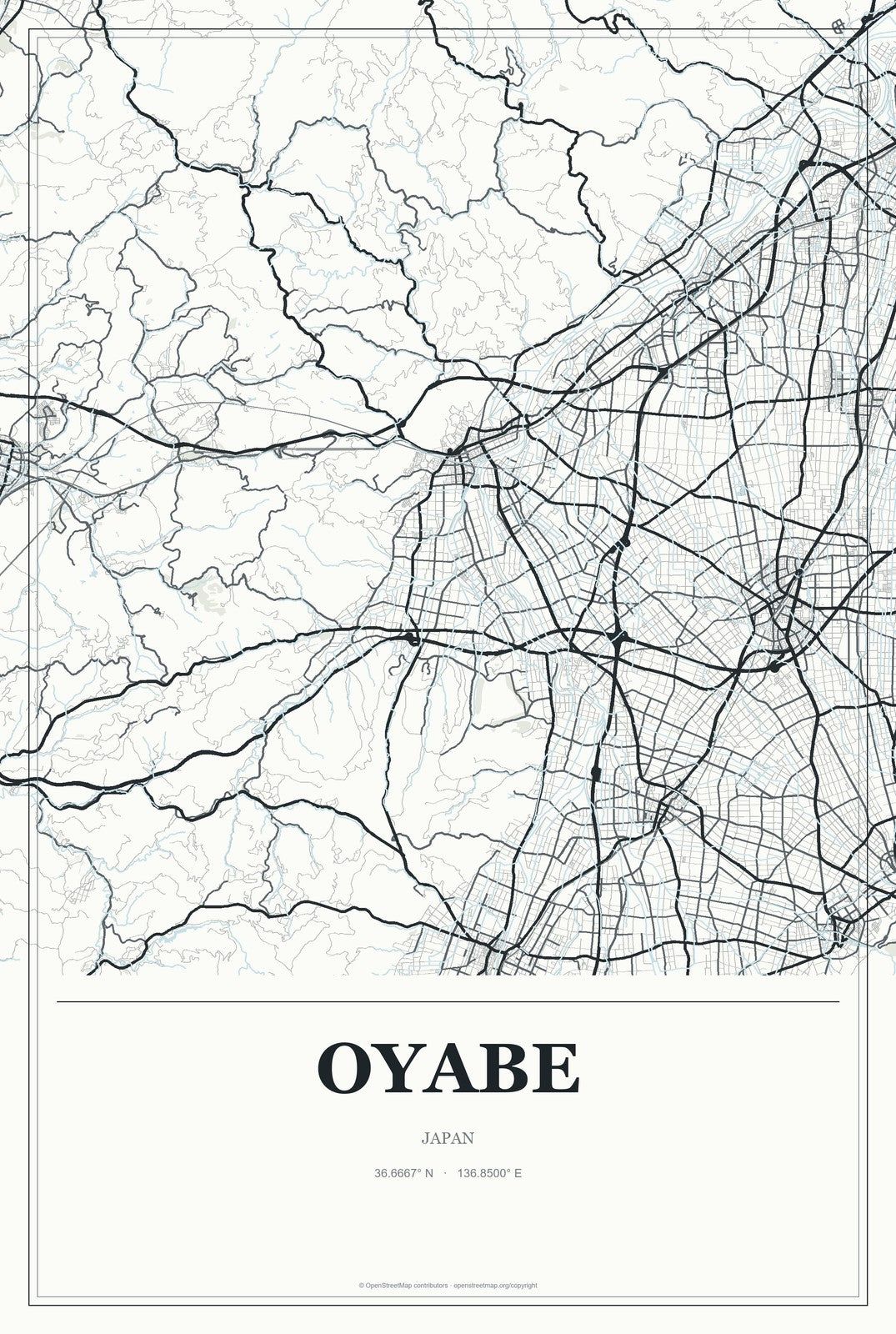 Oyabe, Japan City Map Aluminum Sign in Gallery Air style