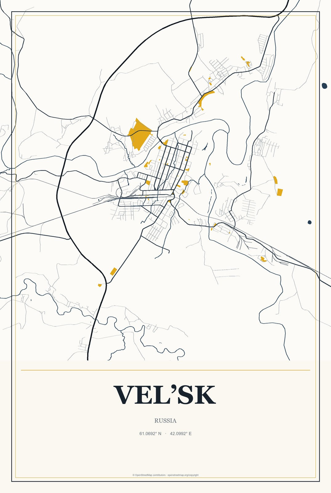 Vel’sk, Russia City Map Aluminum Sign in Citrine Modern style