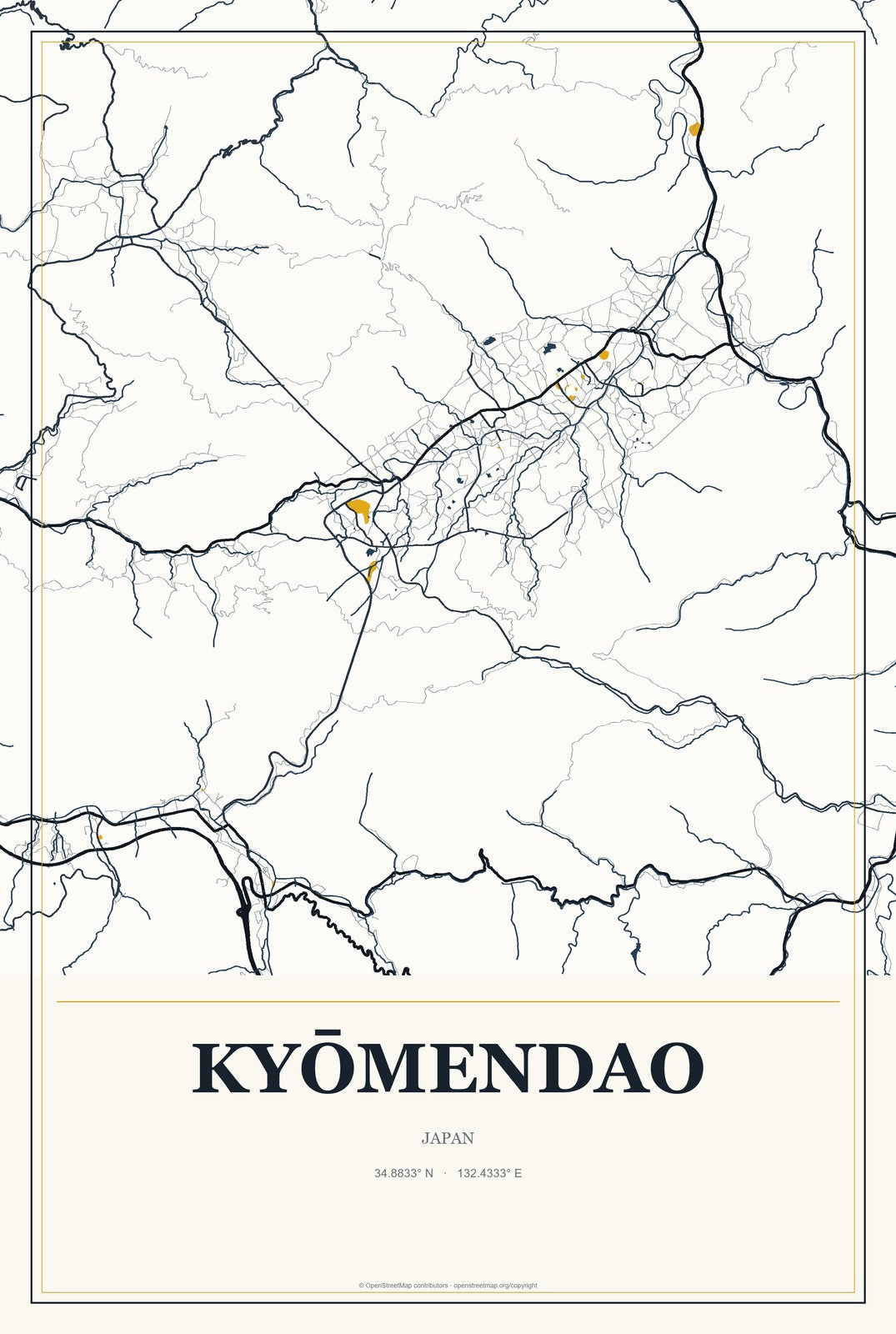 Kyōmendao, Japan City Map Aluminum Sign in Citrine Modern style