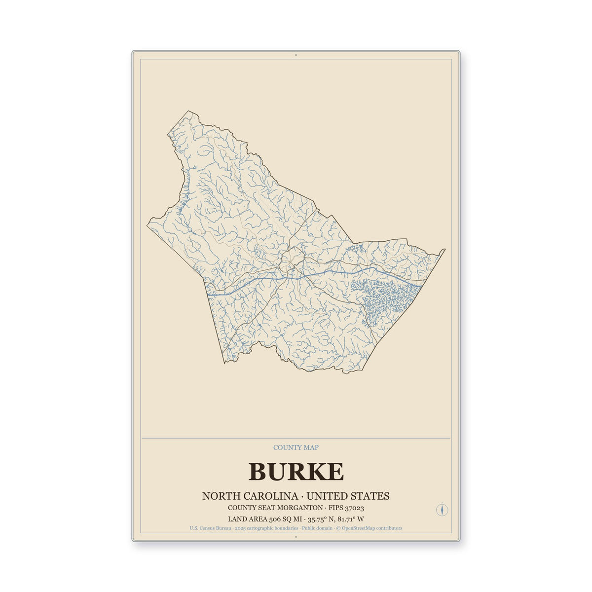 Burke County, North Carolina Map Aluminum Sign in Heritage Nautical style