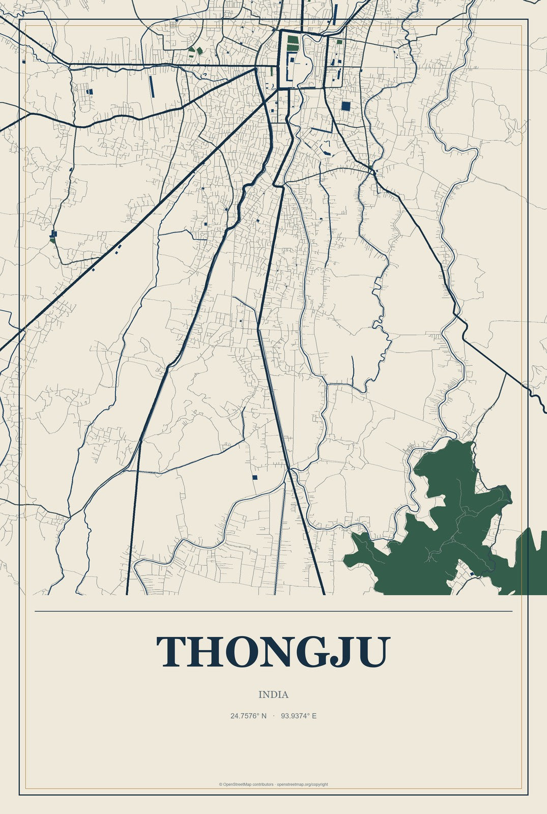 Thongju, India City Map Aluminum Sign in Coastal Cutout style