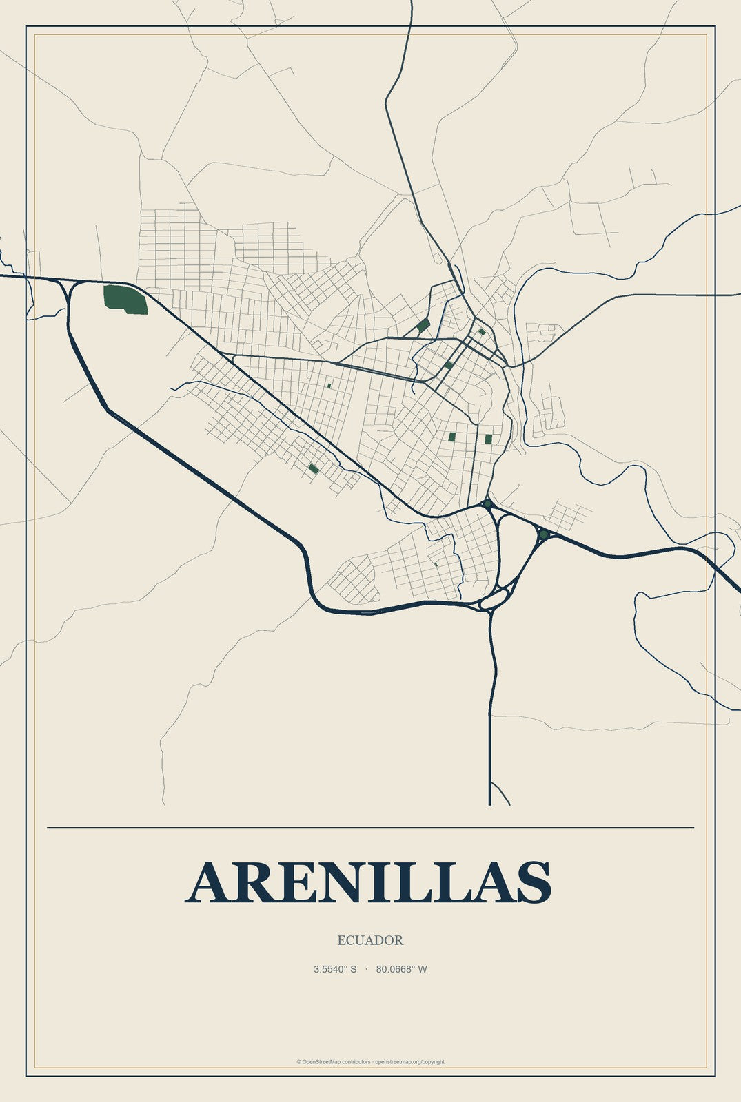 Arenillas, Ecuador City Map Aluminum Sign in Coastal Cutout style
