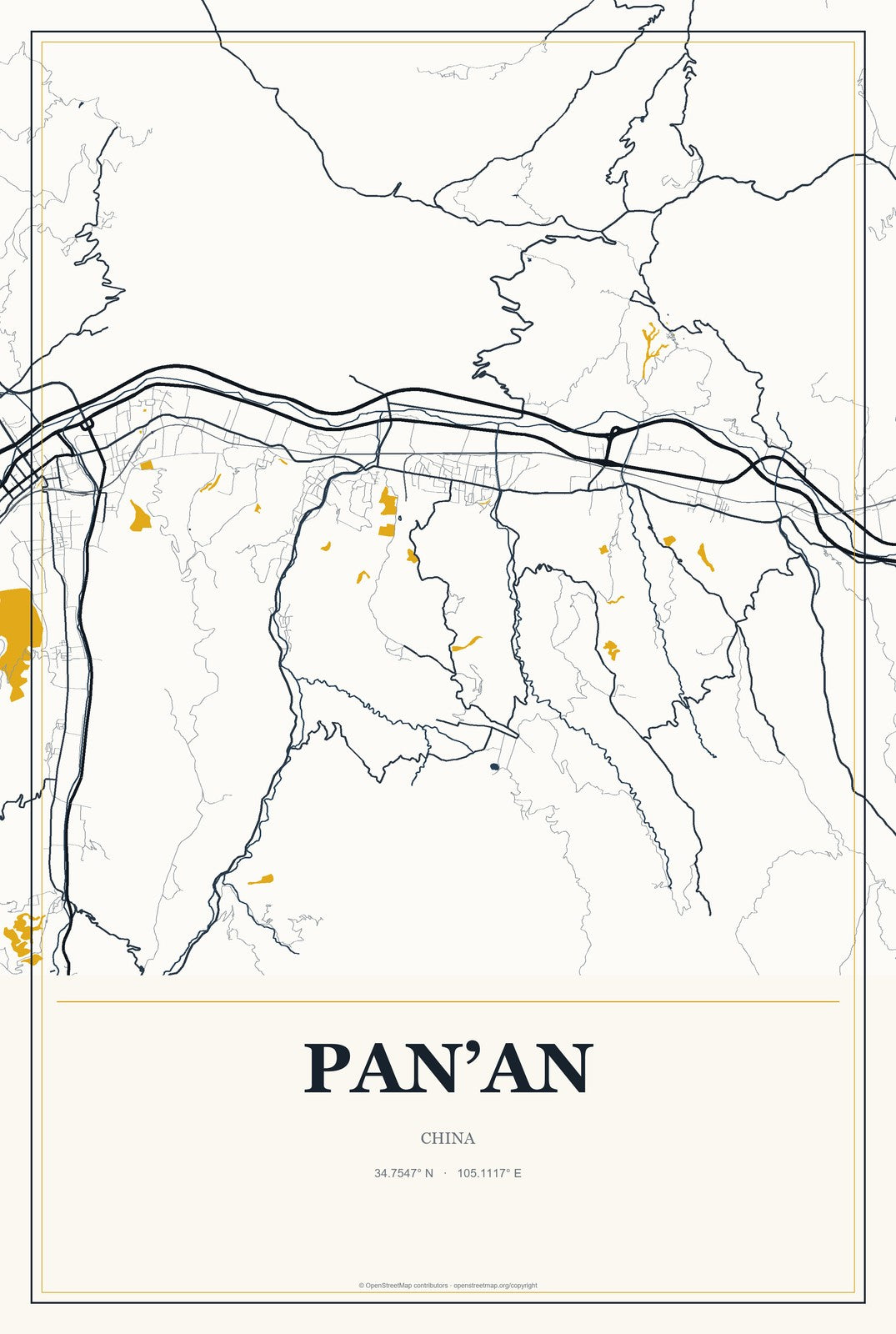 Pan’an, China City Map Aluminum Sign in Citrine Modern style