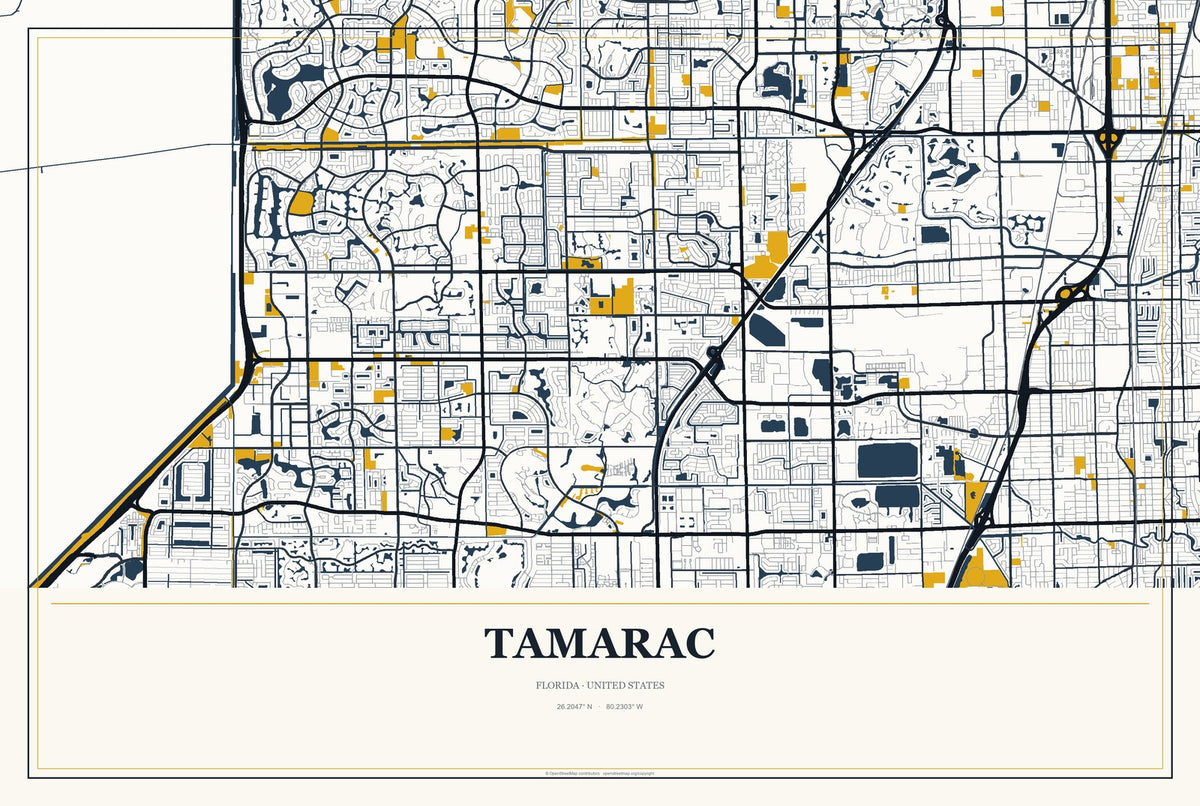 Tamarac, Florida City Map Aluminum Sign in Citrine Modern style