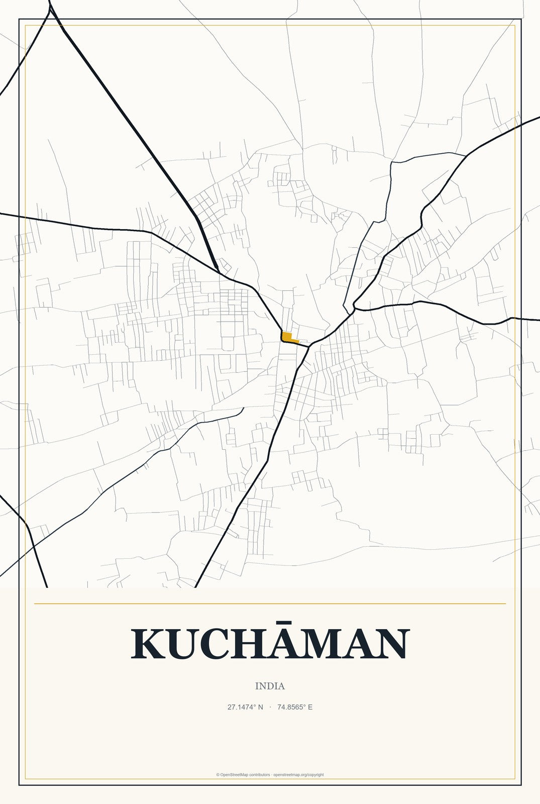 Kuchāman, India City Map Aluminum Sign in Citrine Modern style