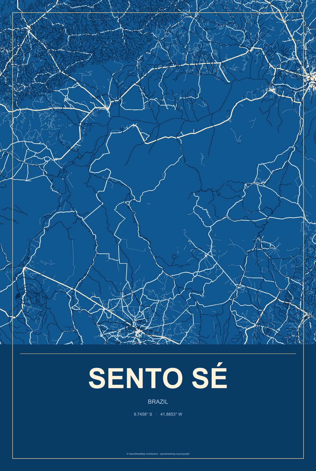 Sento Sé, Brazil City Map Aluminum Sign in Harbor Cobalt style