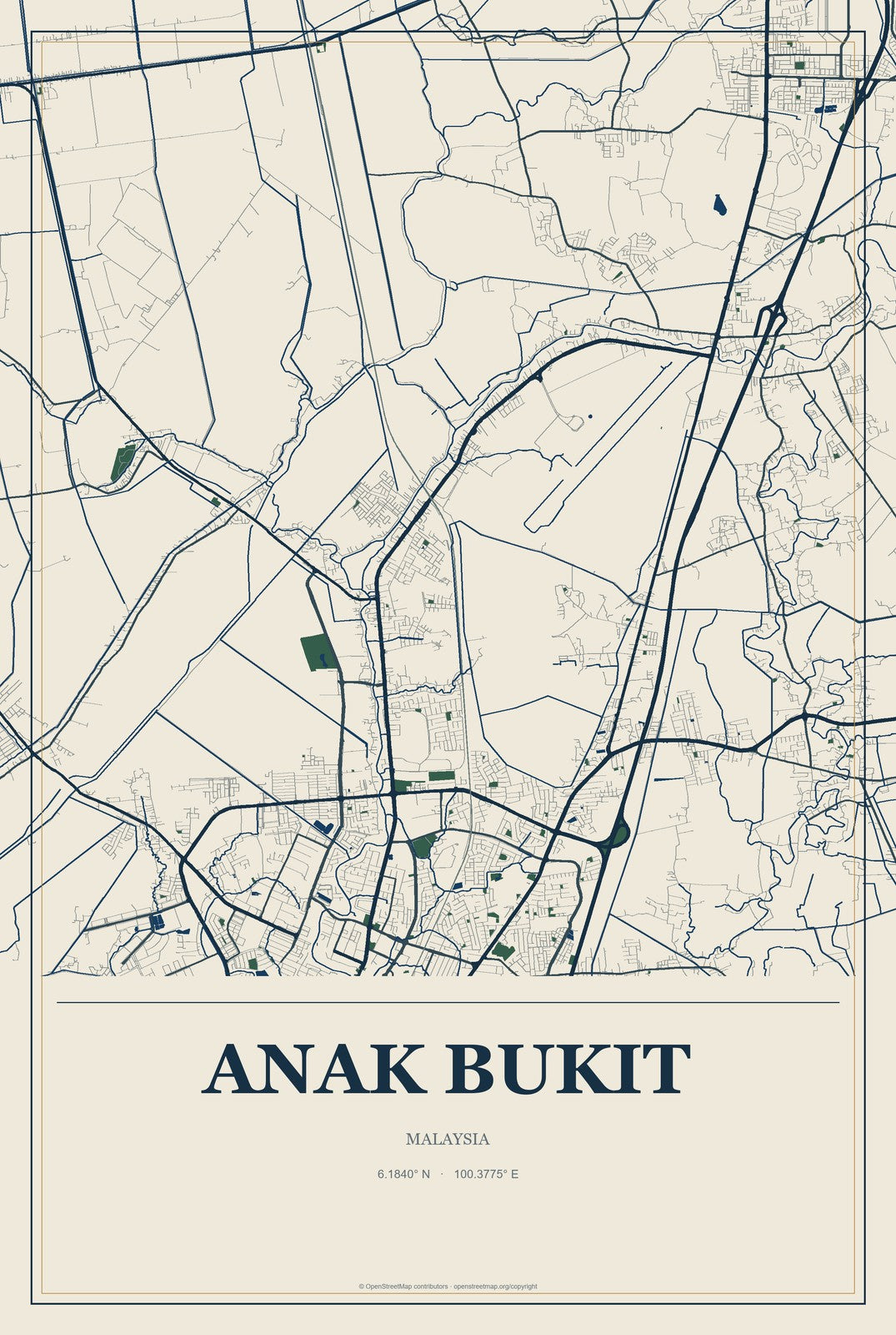 Anak Bukit, Malaysia City Map Aluminum Sign in Coastal Cutout style