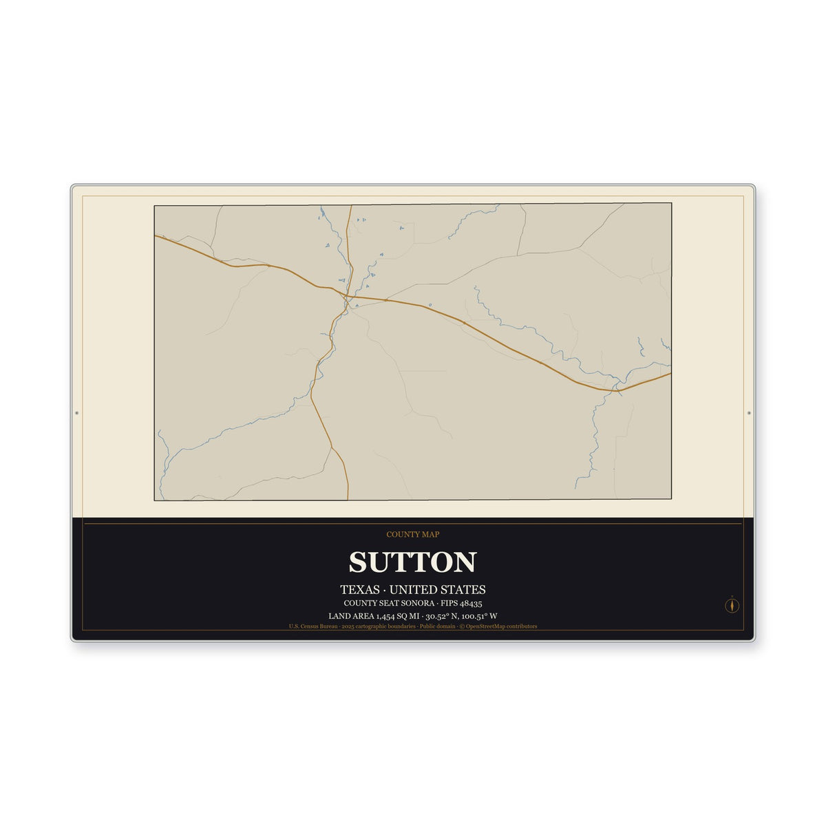 Sutton County, Texas Map Aluminum Sign in Museum Plaque style