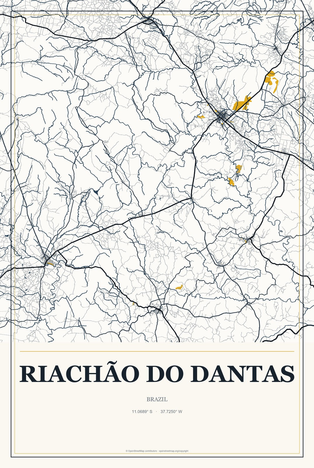 Riachão do Dantas, Brazil City Map Aluminum Sign in Citrine Modern style