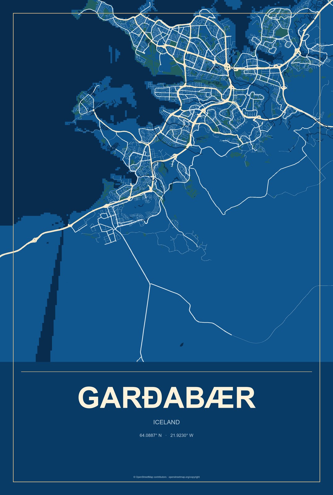 Garðabær, Iceland City Map Aluminum Sign in Harbor Cobalt style