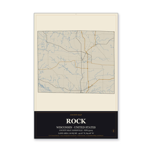 Rock County, Wisconsin Map Aluminum Sign in Museum Plaque style